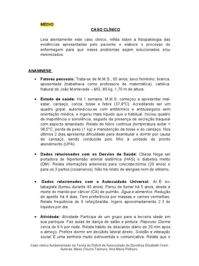 Caso Clinico Processo de Enfermagem 1 | PDF | Coração | Especialidades ...