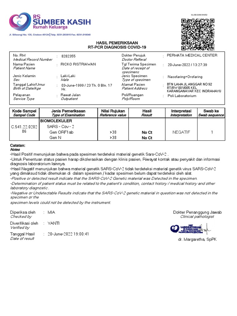 Hasil RT-PCR COVID-19 Pasien Ricko | PDF