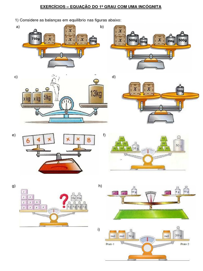 Exercícios de Equação do 1º Grau com Balança | PDF