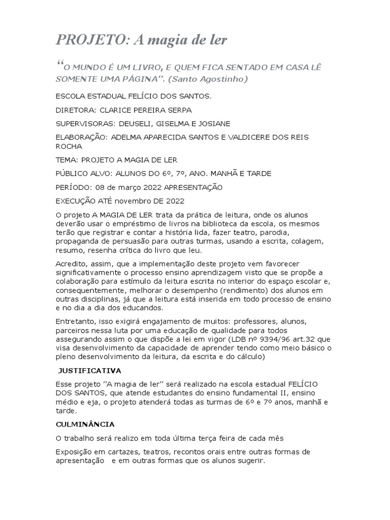 Projeto Magia De Ler Download Grátis Pdf Aprendizado Escolas