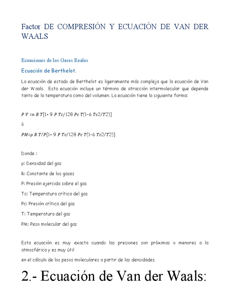Ecuación de Van der Waals y Compresión | PDF | Gases | Química Física