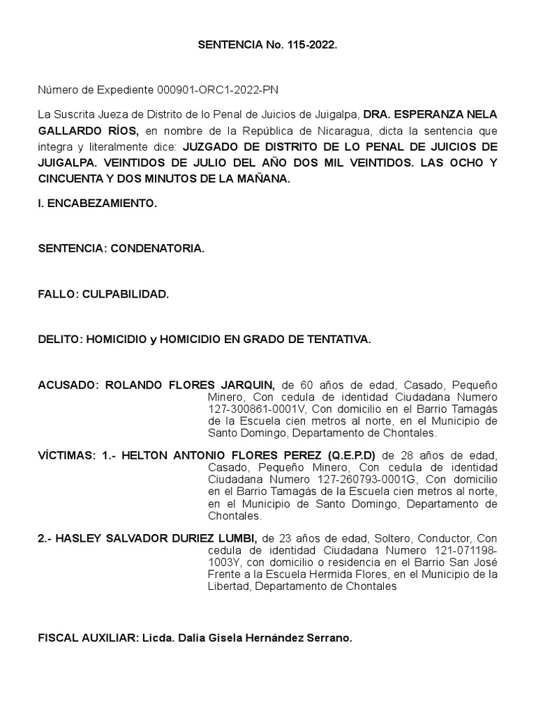 SENTENCIA No. 115-2022 SENTENCIA: CONDENATORIA - JUZGADO DE DISTRITO DE