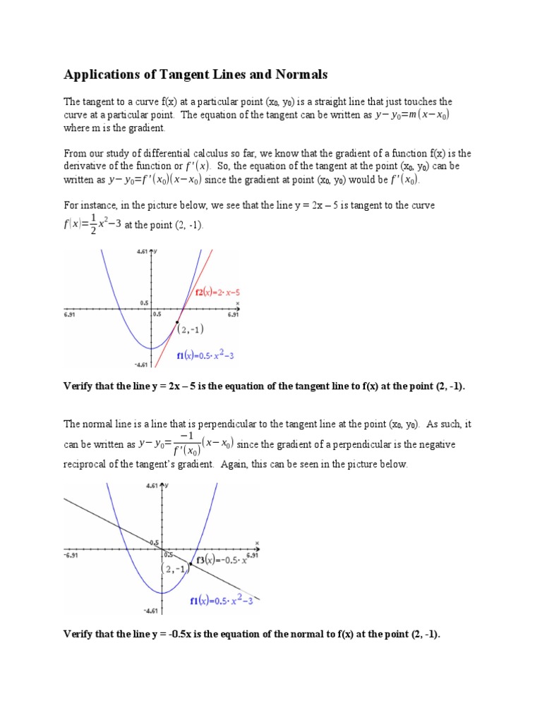 Application of Tangent Lines and Normals PDF Tangent Gradient