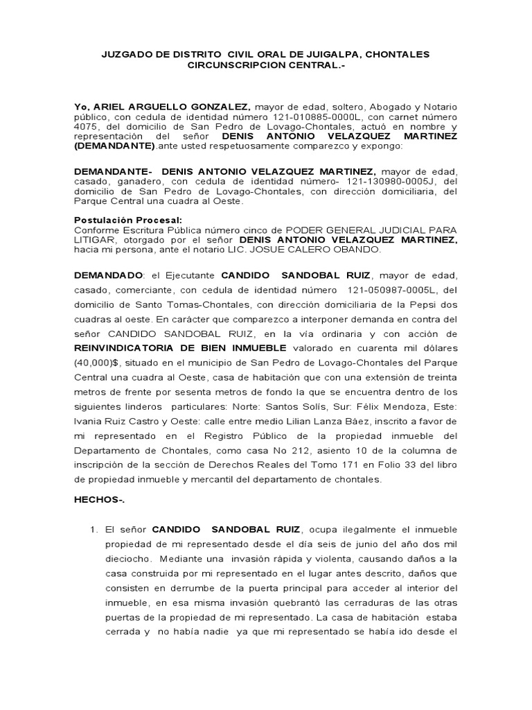 Demanda de Reivindicación de Bien Inmueble | PDF | Propiedad | Justicia