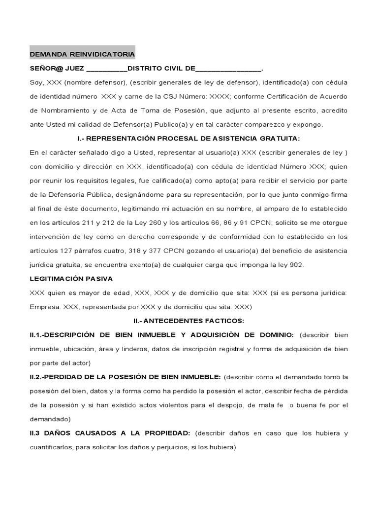 Demanda de Reivindicación de Propiedad | PDF | Posesión (Ley) | Propiedad