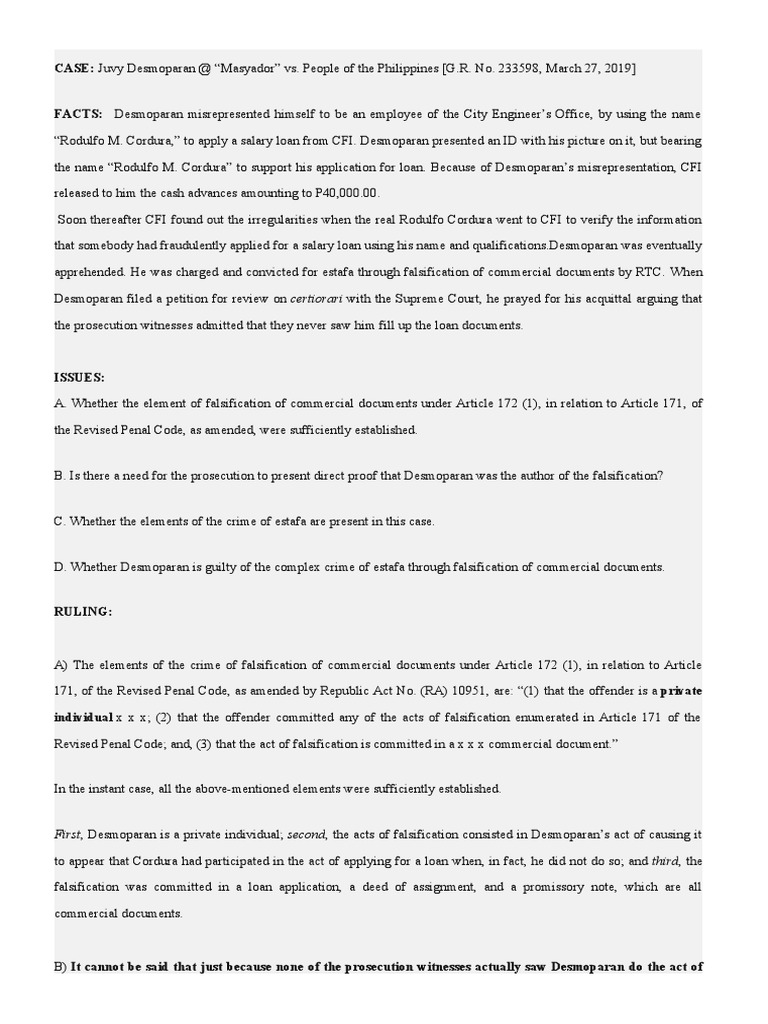 Estafa and Falsification Case Analysis | PDF | Fraud | Crimes