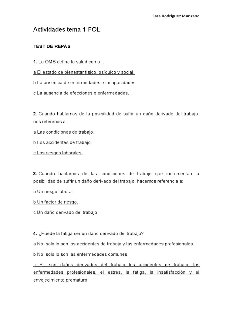 Actividades Tema 1 FOL | PDF | La seguridad | Las condiciones de trabajo