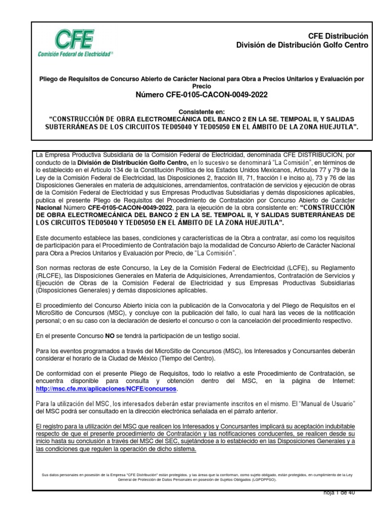 Pliego de Requisitos Cfe 0105 Cacon 0049 2022 | PDF | México | Dólar de ...