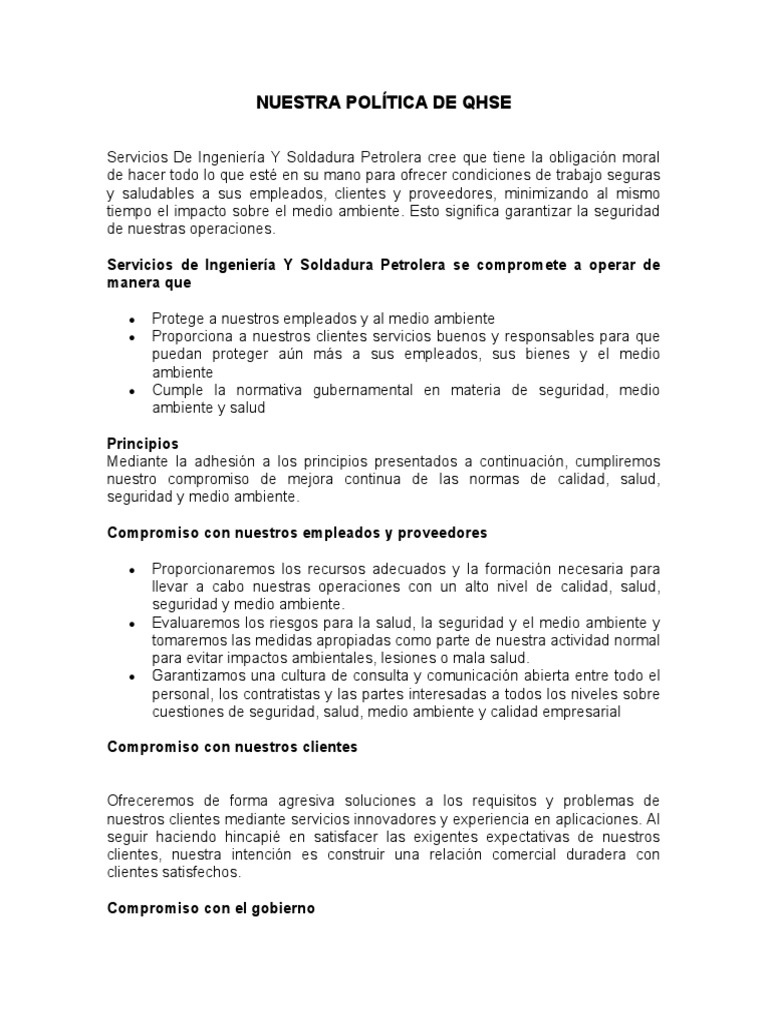 Nuestra Política de Qhse | PDF | Calidad (comercial) | Seguridad y ...