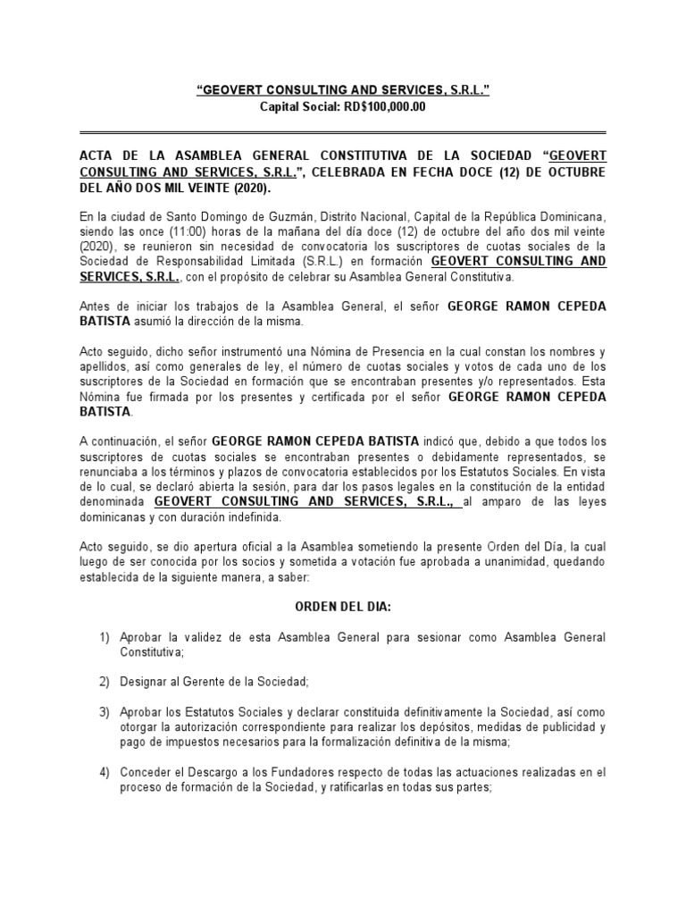 Asamblea General Constitutiva GEOVERT CONSULTING AND SERVICES, SRL