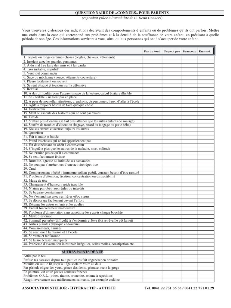 Questionnaire Conners pour Parents | PDF | Médecine clinique | Maladies ...