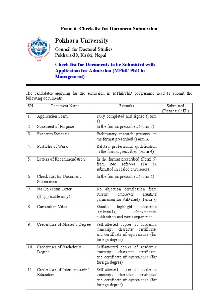 Form 6 Checklist For Document Submission | PDF | Academic Degree ...