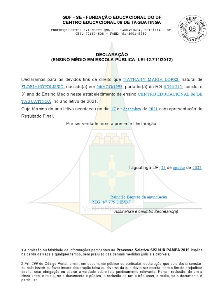 Declaração Conclusão Ensino Médio | PDF