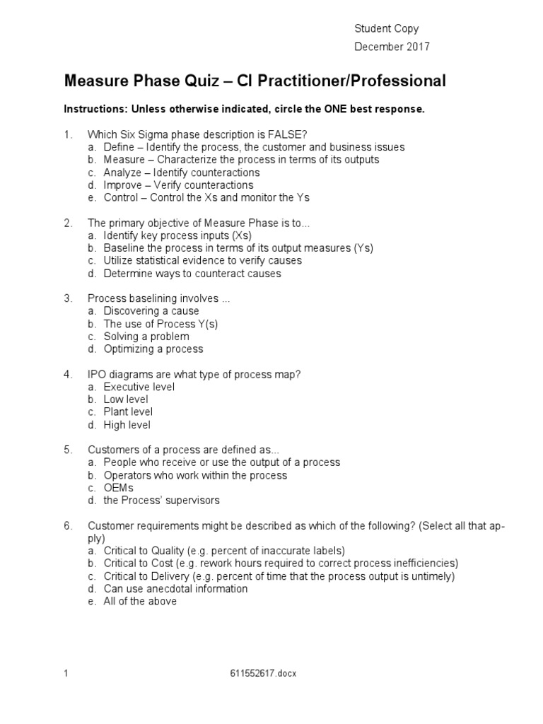 Measure Phase Quiz for CI Practitioners | PDF | Standard Deviation ...