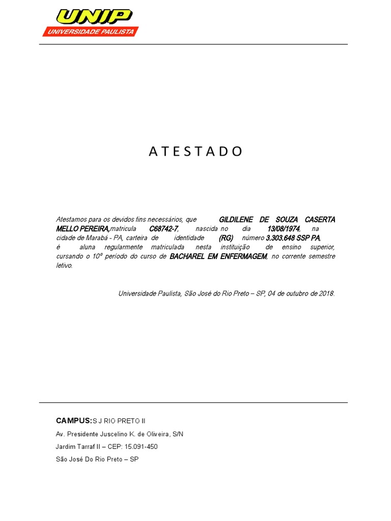 Atestado de Matricula UNIP | PDF