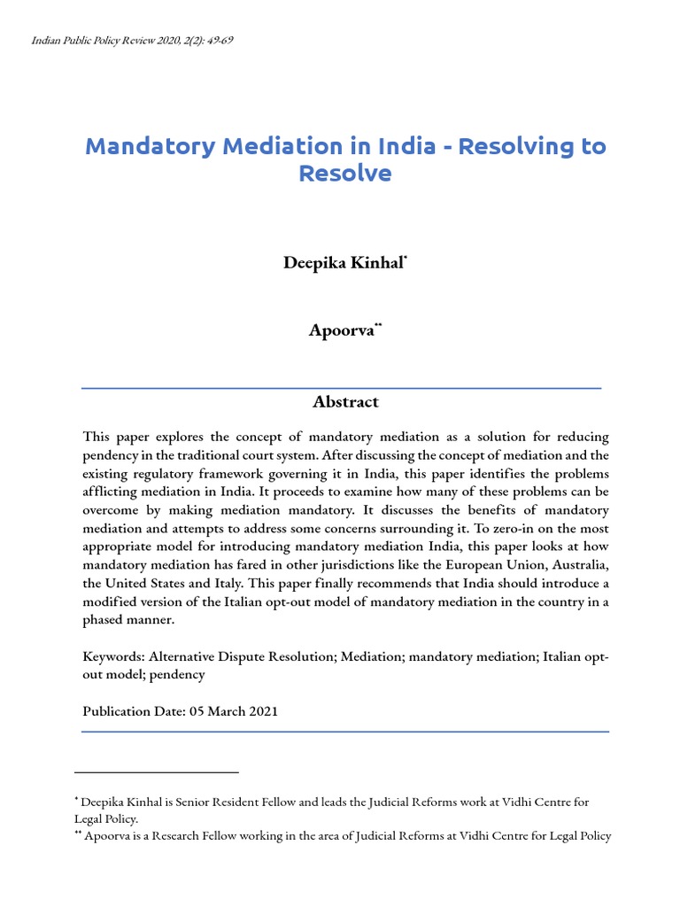 Mandatory Mediation in India Resolving To Resolve PDF Mediation