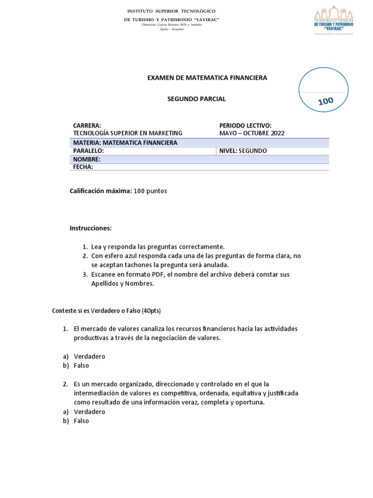 Examen de Matematica Financiera Segundo Parcial | PDF | Ecuador | Bolsa