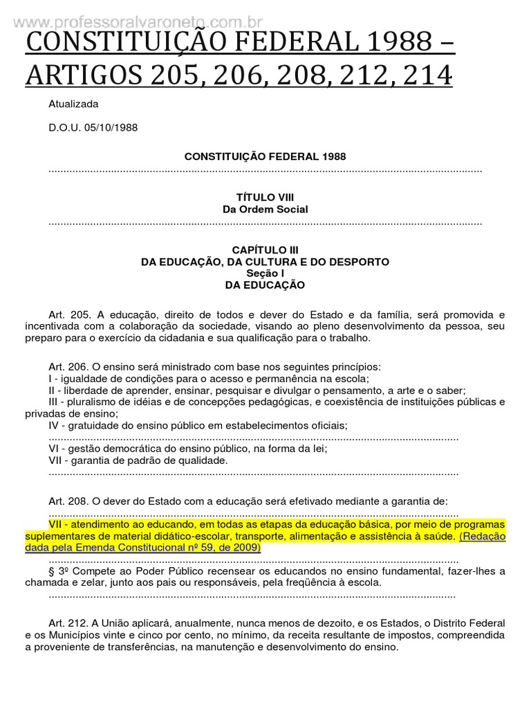 06 - CONSTITUIÇÃO FEDERAL 1988 (Artigos 205 Ao 214) | Download grátis ...