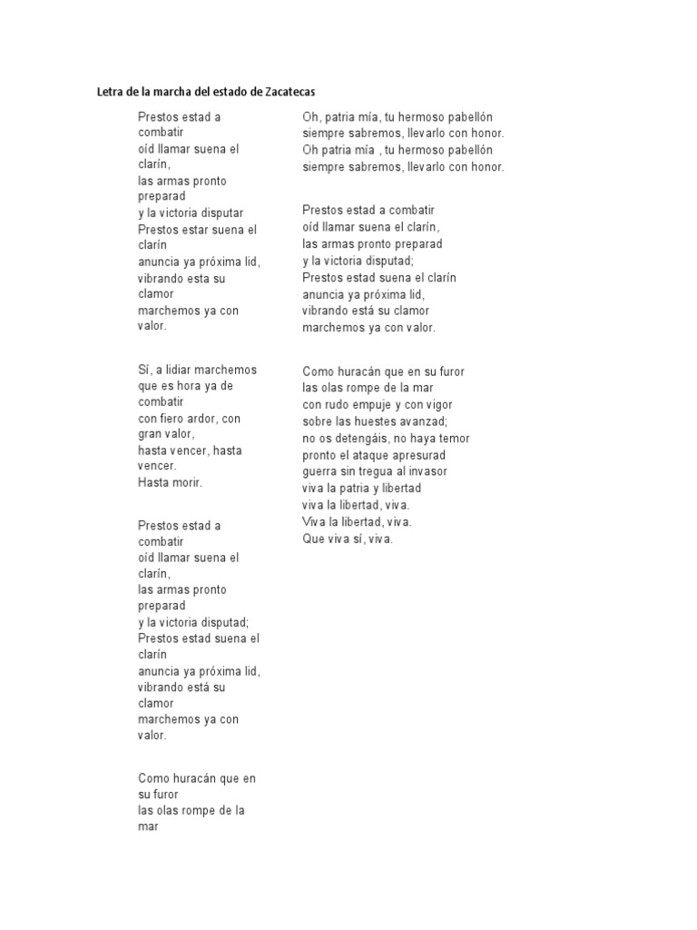 Letra de La Marcha Del Estado de Zacatecas PDF