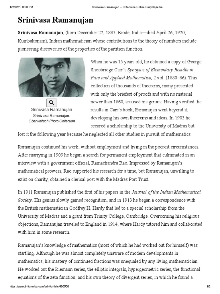 Srinivasa Ramanujan - Britannica Online Encyclopedia | PDF | Complex ...