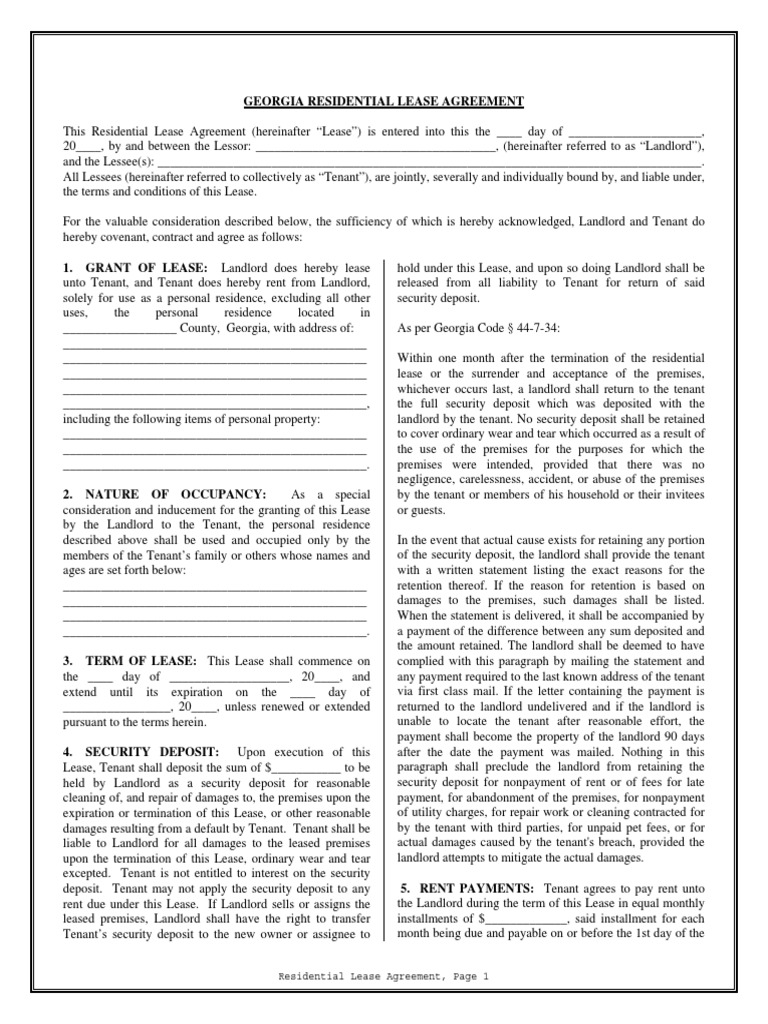 Georgia Residential Lease Agreement | PDF | Lease | Leasehold Estate