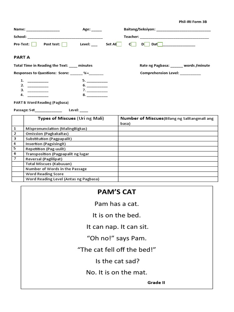 Form Individual Phil Iri English Passage A Pre Test | PDF | Animal ...