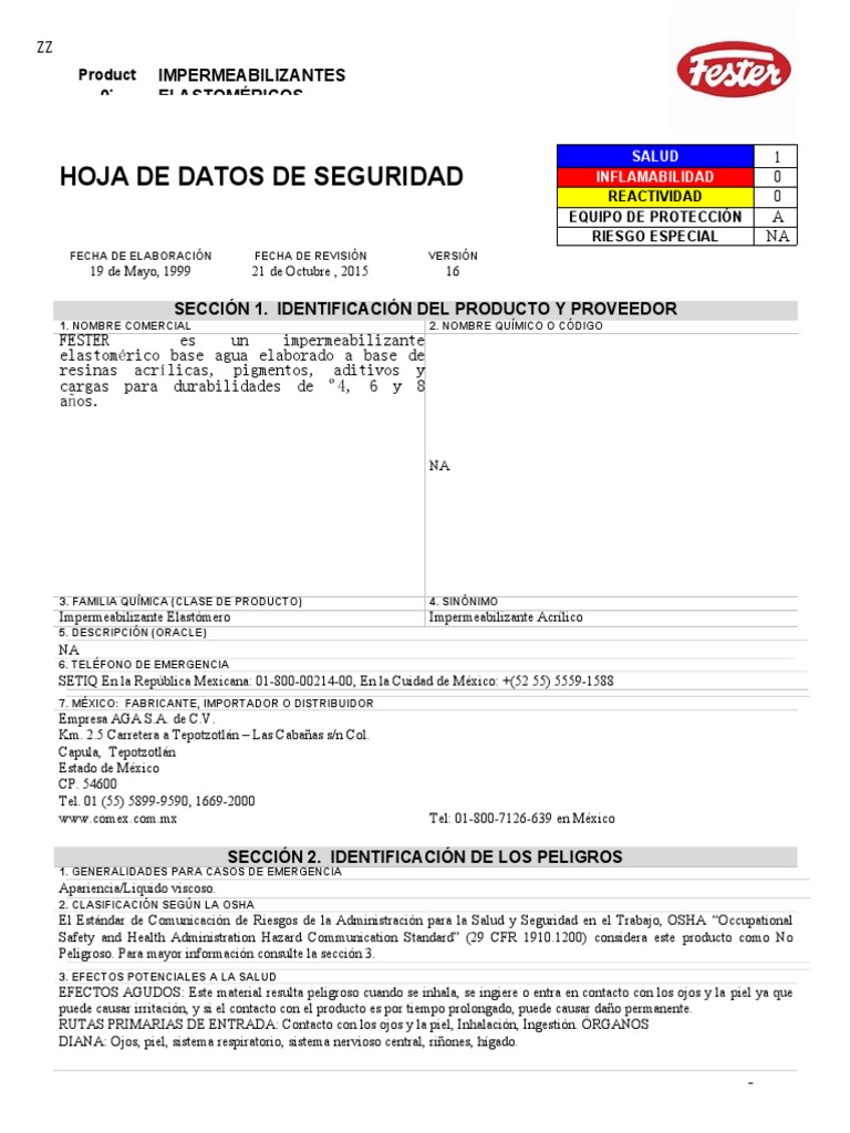 Hoja de Seguridad Impermeabilizante Fester | PDF | Residuos | Agua