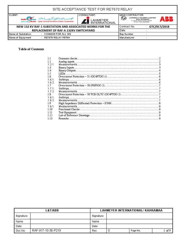 RET670 Relay Site Acceptance Test | PDF | Electrical Substation | Equipment