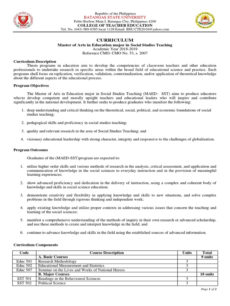 Master of Arts in Education Major in Social Studies Teaching Download