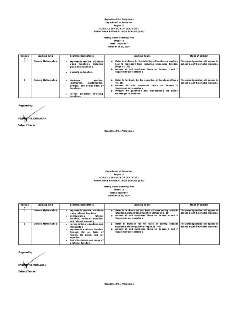Weekly Home Learning Plan General Math q1 and q2 PDF Free | PDF ...
