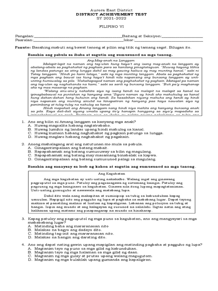 DAT - Filipino 6 Test Questions Deleon | PDF