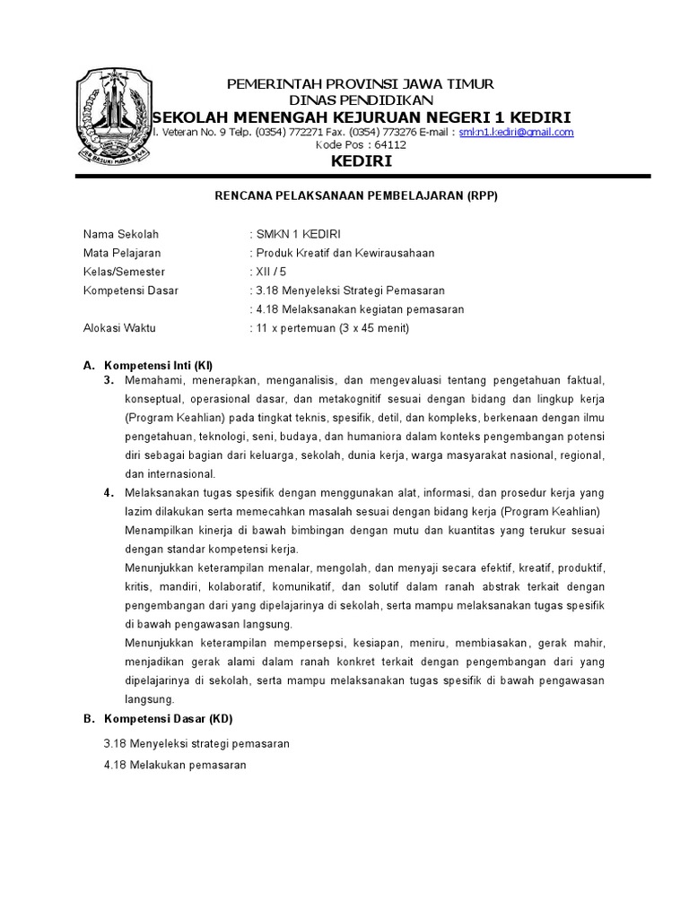 RPP Pemasaran SMKN 1 Kediri Kelas XII | PDF | Karier & Perkembangan ...