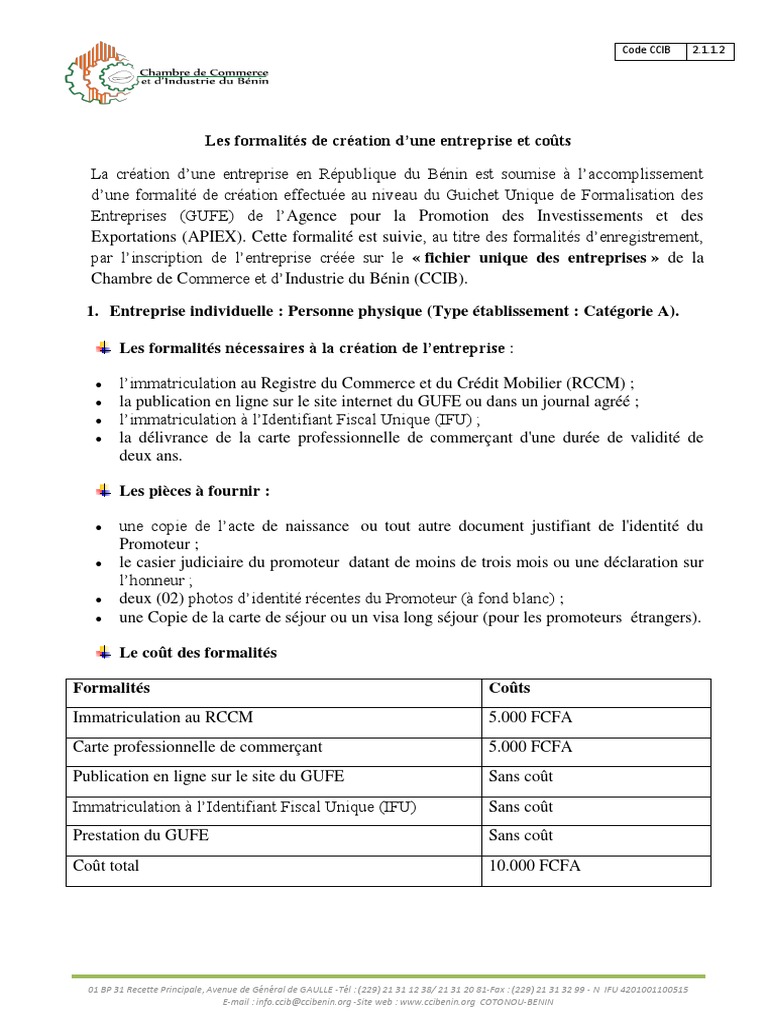 Formalités de création d'entreprise au Bénin | PDF | Business