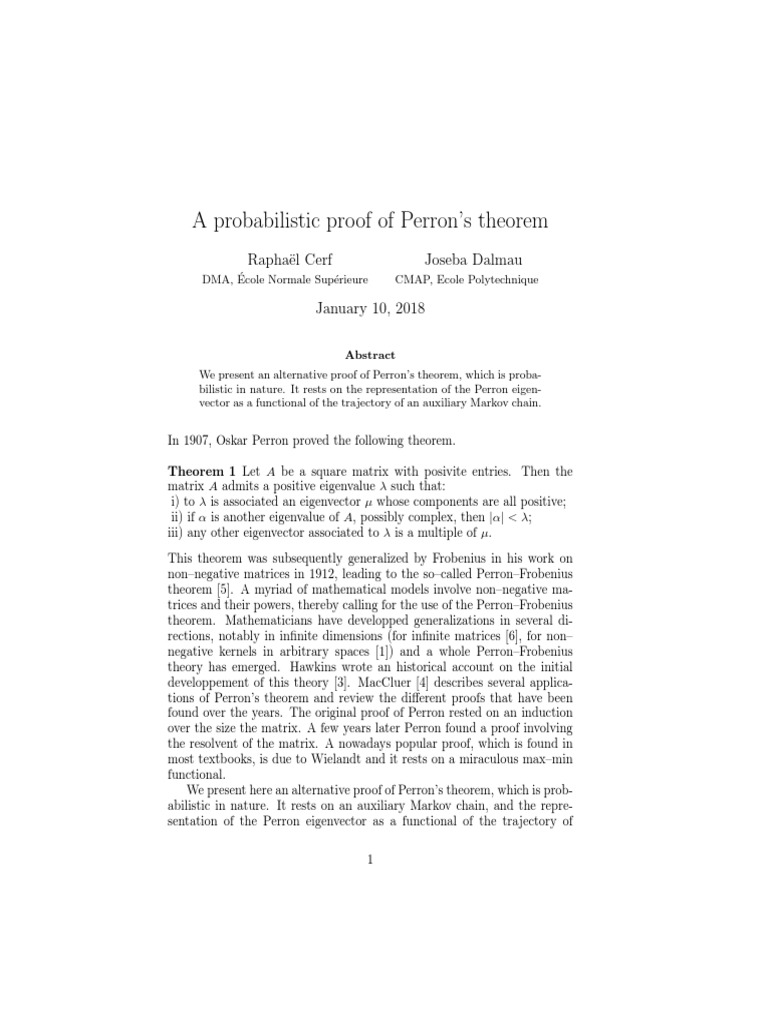 Cerf, Dalmau (2018) - A Probabilistic Proof of Perron's Theorem | PDF ...