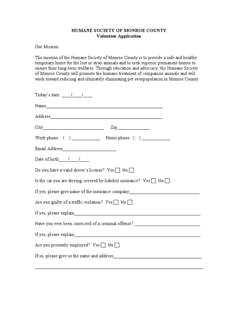 Humane Society of Monroe County Volunteer Application | PDF ...