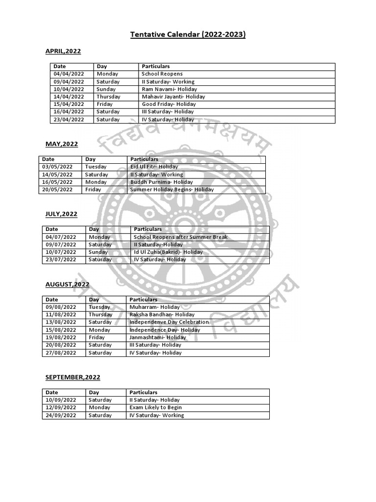Tentative Calendar 2022 2023 PDF Holidays Observances