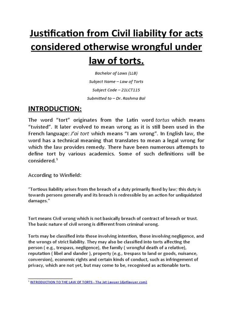 Law Of Torts Pdf Tort Damages