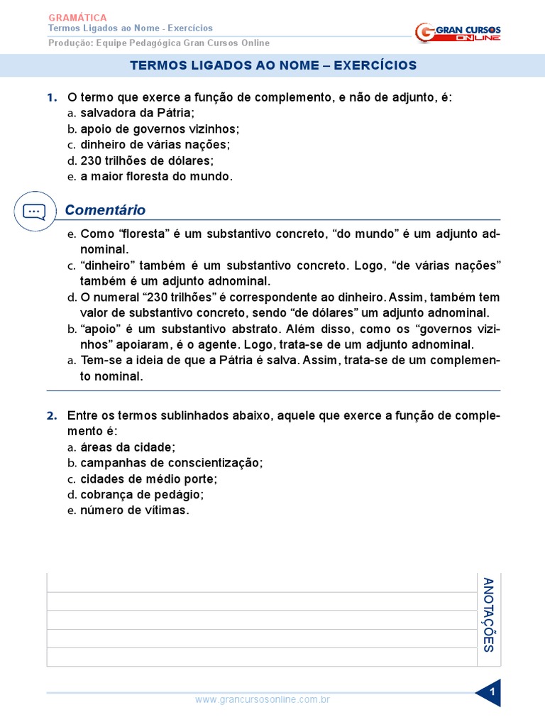 Gramatica 2018 Aula 30 Termos Ligados Ao Nome Exercicios | PDF
