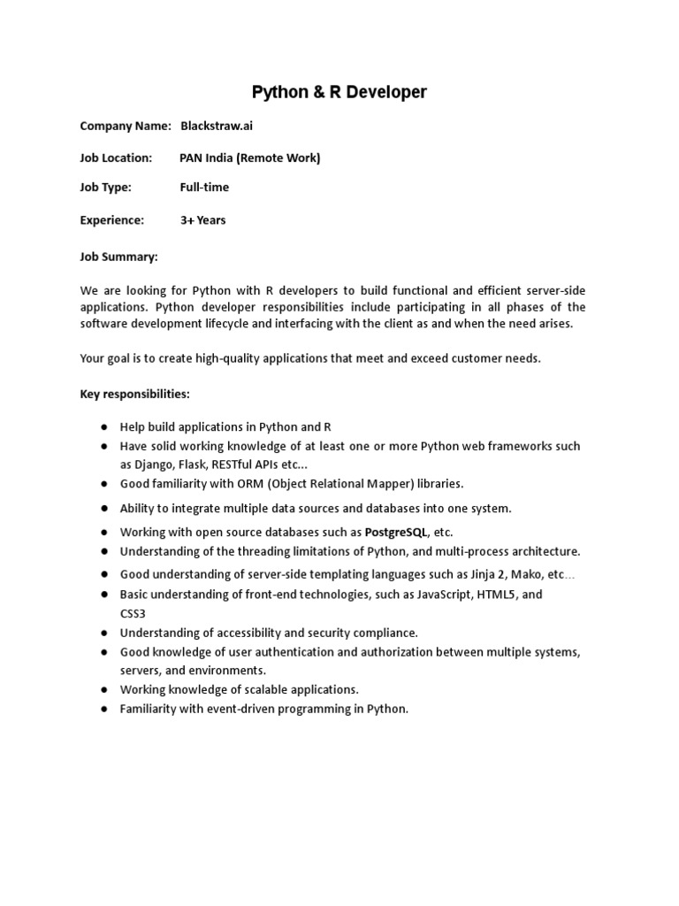 JD - Python & R Developer | PDF | Artificial Intelligence ...