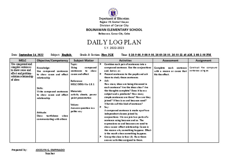 Daily Log Plan for English Class | PDF | Sentence (Linguistics) | Cognition