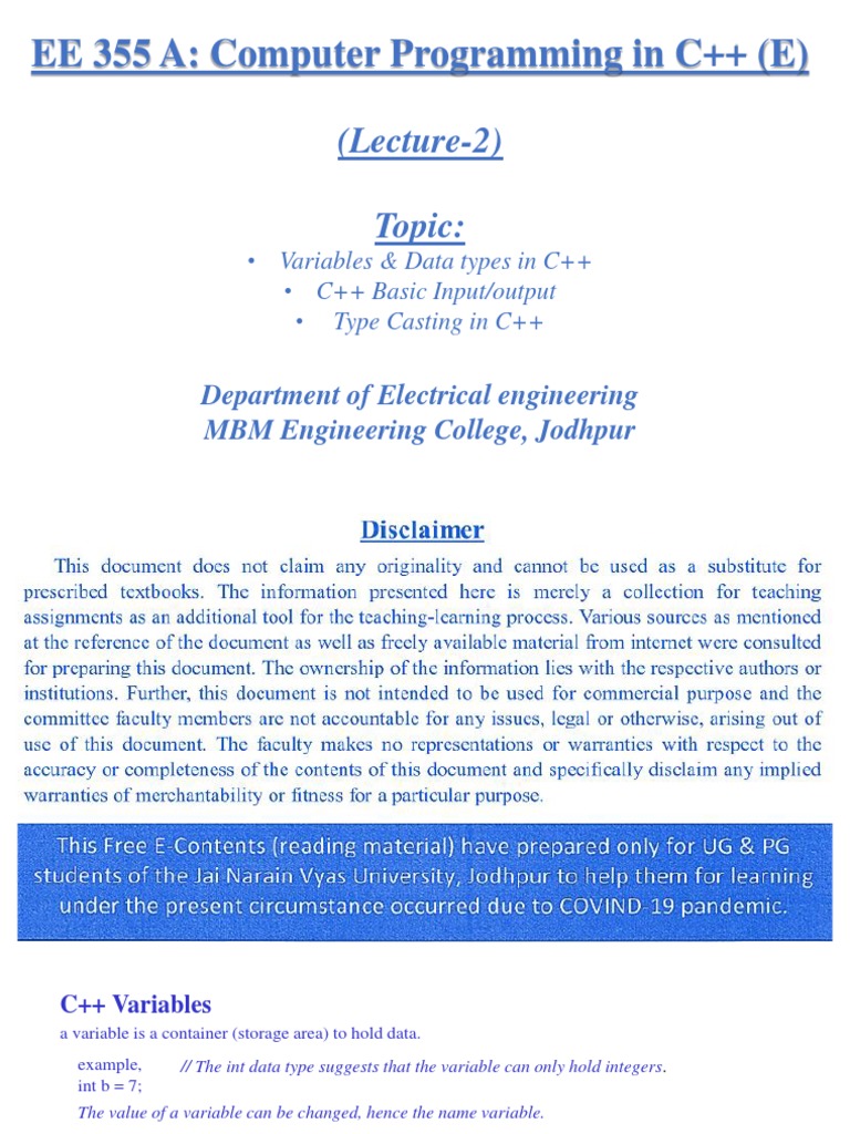 EE 355 A: Computer Programming in C++ (E) : (Lecture-2) Topic | PDF ...