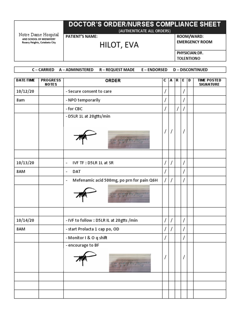 Doctor's Orders Compliance Sheet | PDF