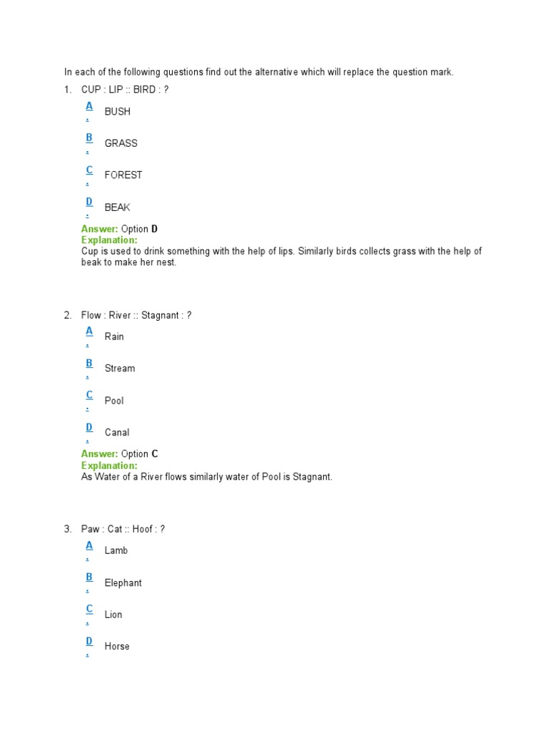 Analogy Quiz Pdf Analogy