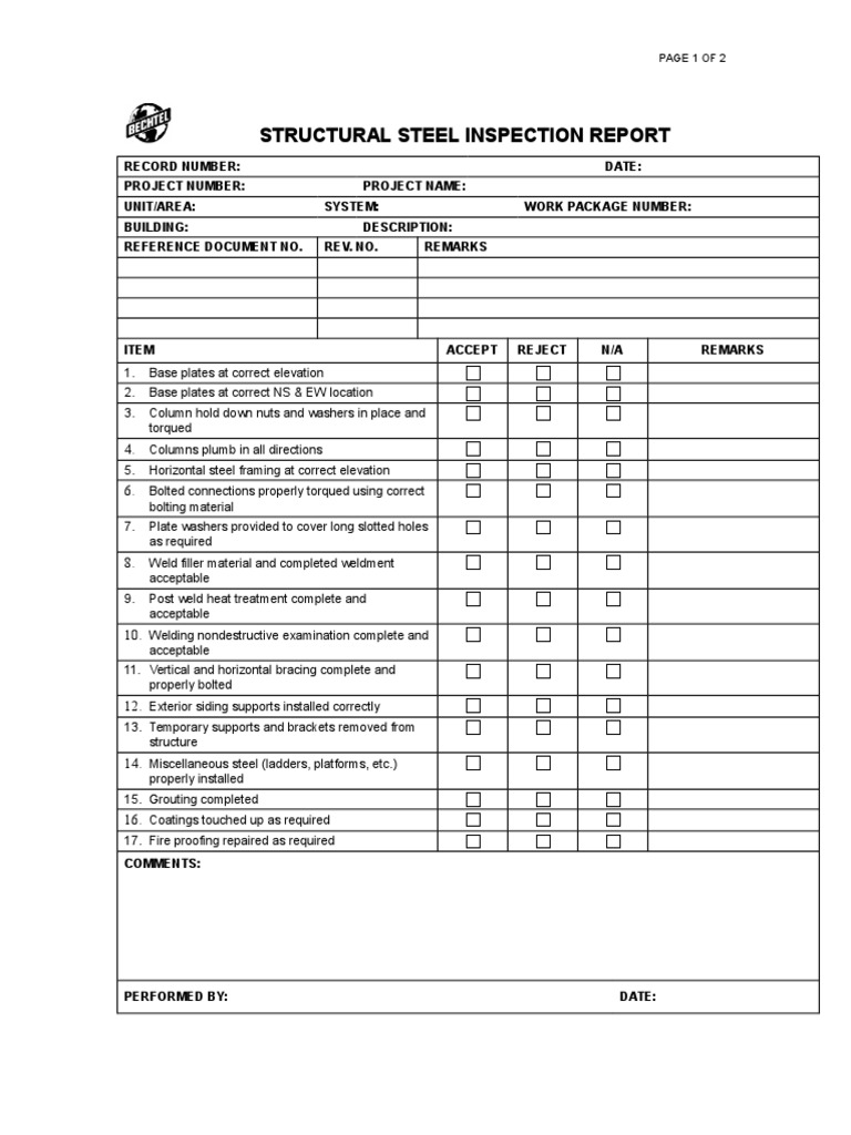 Structural Steel Inspection Checklist | PDF | Structural Steel ...