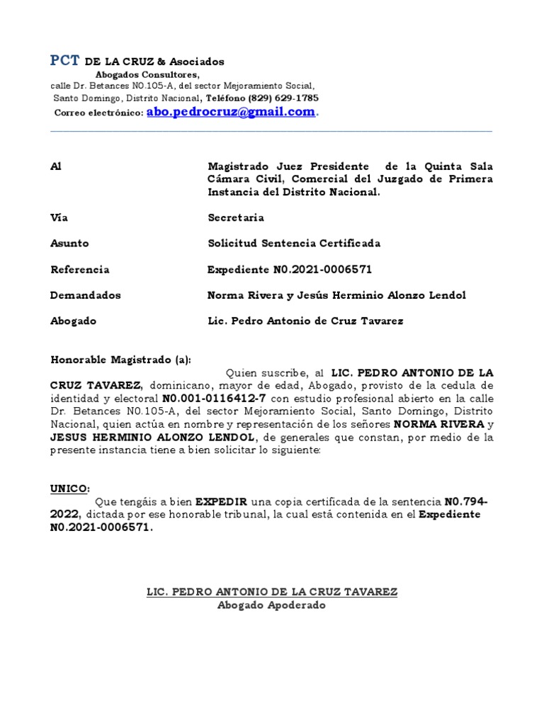 Solicitud sentencia certificada pdf