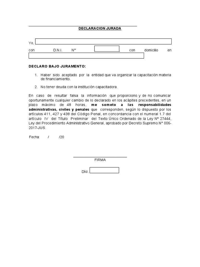Declaracion Jurada No Adeudo en La Institucion Educativa y Registro | PDF