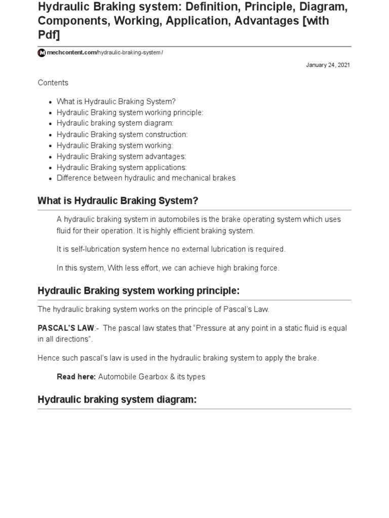 Hydraulic Braking System Overview | PDF | Brake | Piston
