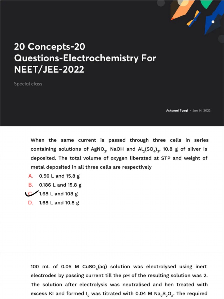 20 Concepts20 Questions Electrochemistry For NEET//JEE2022 No