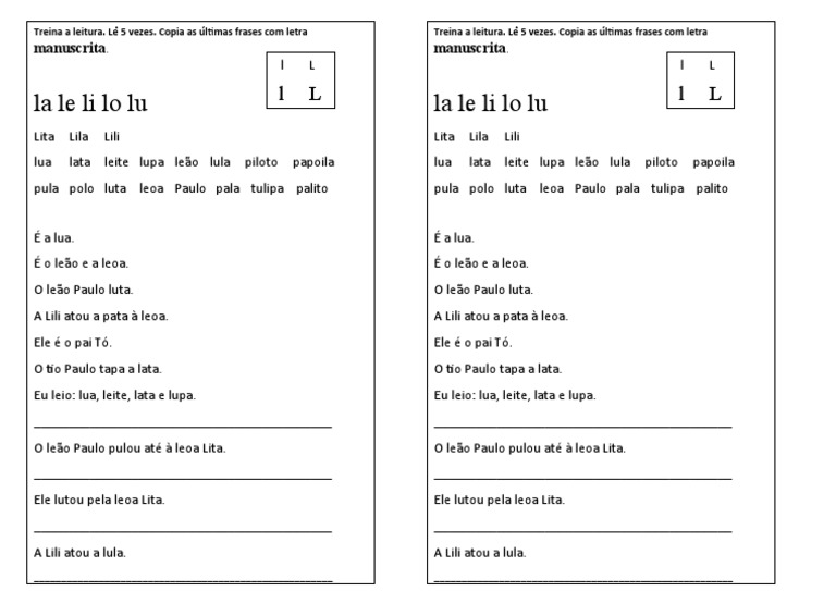 Ficha de Leitura da Letra L | PDF | Artes Linguísticas e Disciplina