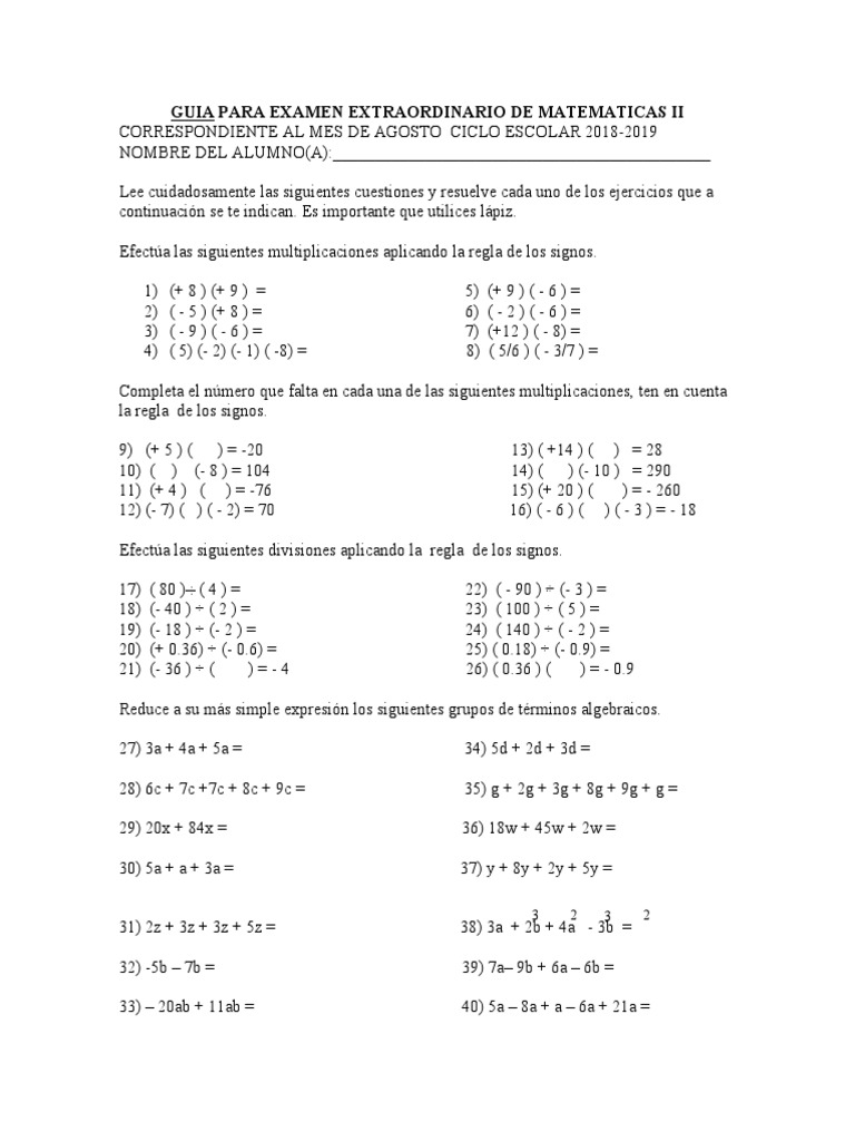 Guía Examen Extraordinario Matemáticas II | PDF | Ecuaciones | Notación
